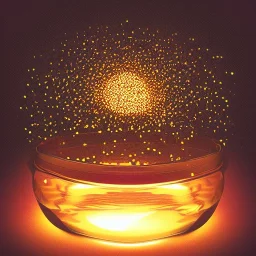 polaroid of a swarm of glowing fireflies inside a belljar, luminescent glow, moody, tender, photorealistic, octane render, golden hour