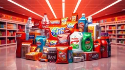 A 3D design of supermarket items such as Coca-Cola, Fanta, mineral water, chocolate, packaged cakes, chips, puffs, Nutella, Rani, candy, shampoo, detergent, soda, ice cream, cheese, cream and butter with an orange, red and white color theme in a special psychedelic space.