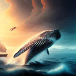 beautiful humpback whale jumping out of turbulent ocean water, stunning, magnificant, sunset sky, 8k resolution, high-quality, fine-detail, detailed matte, illustration, digital art, brian froud, howard lyon, greg rutowski, Life of Pi