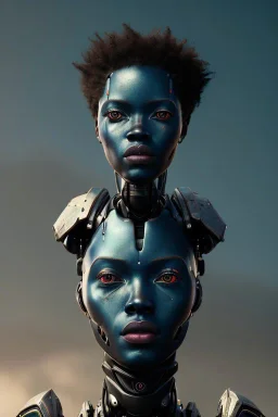 Beautiful portrait of african robot girl post-apocalypse robots in a cyberpunk city, sci-fi fantasy style, 8k,dark