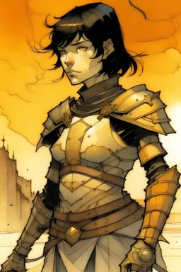 pale female with short black hair, wearing Barbarian armor, whole body. A soft-focus image of the golden sunrise casting a warm glow, create in inkwash and watercolor, in the comic book art style of Mike Mignola, Bill Sienkiewicz and Jean Giraud Moebius, highly detailed, gritty textures,