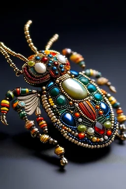 Elegant handmade brooch, richly embroidered with beads, bugles, sequins, crystals and stones, in the shape of a beetle, bold and intricate design, sparkling and eye-catching, perfect to complement an evening outfit, luxurious and detailed.