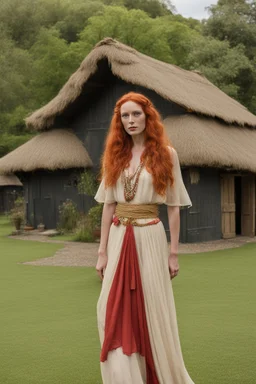 full body and headshot of a skinny Cleopatra, with long wavy red hair, in a floaty dress, standing on a village green, with thatched roof cottages behind