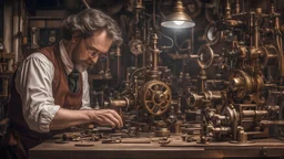 steampunk workshop, steampunk scientist in foreground tinkering with steampunk perpetual motion machine on workbench, ultra realistic, 8k ultra detailed, beautiful photograph, colourful hdr cinematic postprocessing, soft natural volumetric cinematic perfect light, chiaroscuro, award-winning photograph, masterpiece, Raphael, Caravaggio, Bouguereau, Alma-Tadema