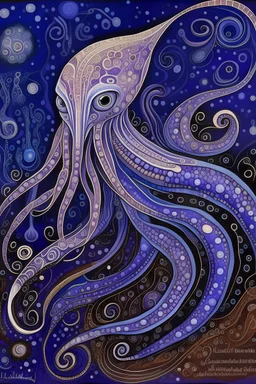 A violet cosmic elemental squid alien queen designed in Australian aboriginal art painted by Leonardo da Vinci