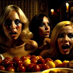 Horror movie shot, hot, ultra realistic, dine, horns, ultra chaos, realistic hot blonde women, party, pieces of meat, organs, hot dynamic, very excited people, hypermaximalist figures, light, 1970's Italian horror movie, sinister,, Dario Argento, Stanley Kubrik, ornate, 4k, photorealism