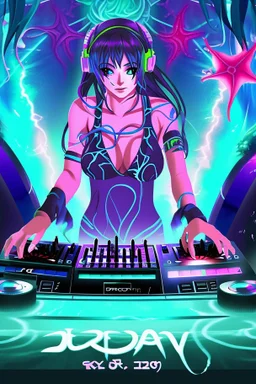 dj rave poster with ocean theme dark anime