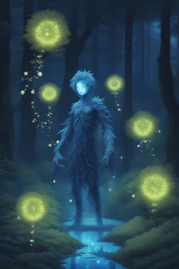 At night, the Forest Spirit transforms into the Night Walker or Daidarabotchi, a towering, translucent, and more abstract figure that glows with a blue light. In this form, the spirit's steps cause the vegetation to grow and wilt, highlighting its role as a giver and taker of life. Glowing floating flowery balls represent the essence of the forest