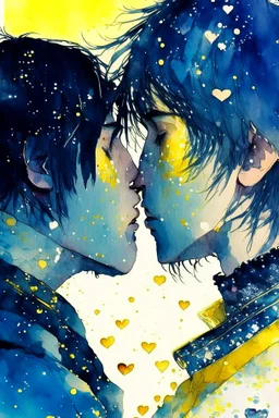 portrait anime man kissing man, ,yellow, stars hearts water, blue, watercolor, Yoshikata Amano, Edwin Landseer, Ismail Inceoglu, Russ Mills, Victo Ngai, Bella Kotak, hyperdetailed 8K resolution HDR DSLR, ultra detailed, ultra quality, CGSociety, intricately detailed, color depth, gliter, kiss