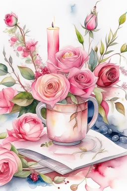 MAGIC WATERCOLOR CANDEL Pale pink roses, white Chinese peony, tiny apple blossoms, eucalyptus leaves, cranberry twigs, sprigs of copper pepper berries - all this is collected in a cute floral arrangement on a pink nickel mug. The mug stands on a thick white book with a picture in a gold cover. A sunny, bright image. Ad copy, huge copy space on top of the image, negative space, HD, 8k, blurred dreamy background,