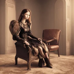 photography national geographic style girl sits on leather armchair.