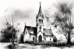 Portrait of an English church in black and white wet watercolour
