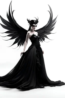 Evil fairy dressed in black flowing gown with black wings on a plain white background