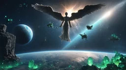 matrix universe, space, planets, god creation, angels from other dimensions with beautiful wings, trees on the planet, behind green crystals of light, few tiberium monolith deposits on the planet near tree,