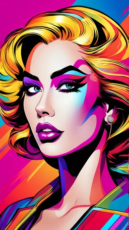 a vibrant and dynamic pop art-inspired portrait of a comic book heroine with exaggerated features, set against a bold, colorful background. Use strong outlines and contrasting hues for a visually striking effect. 4k resolution