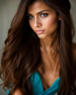 pretty18 year old girl with olive skin and long chocolate brown side swept hair. Blue eyes. bare shoulders,