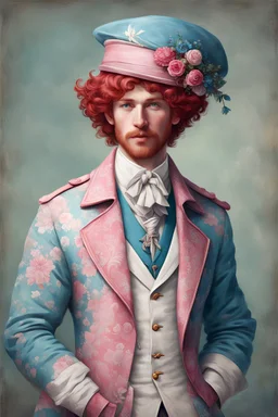 kind sailor, man, red slightly curly hair, long jacket, pink-azure clothes, pink-azure cocked hat, white floral pattern on the jacket, a flower in the hair