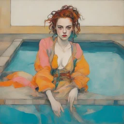 Egon schiele painting of a grunge woman, billie eilish, in the swimming pool, orange, pink, turquoise, yellow colors