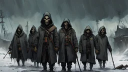 The army of the dead marching, RAW, gritty, vivid cours, harsh conditions, techno gothic, grim overtones hooded and obscured, science fiction painting, Denis Sarazhin, Alejandro Burdisio, Romain Trystram, Simon Stålenhag, ominous sky, analog horror story