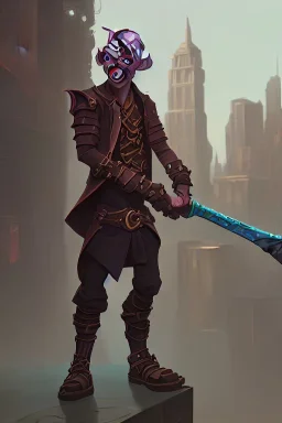 goblin holding an axe in a city in a steampunk style