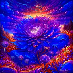 majestic flower, psychedelic, violet tones, fantasy landscape