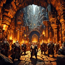 A majestic fantasy scene depicting sturdy Dwarves from the Dragon Age universe, set amidst a richly detailed, labyrinthine underground city, with intricately carved stone walls, glittering gemstone veins, and flickering torches casting warm, golden light. The Dwarves, with their characteristic proud, stout physiques, wear ornate, battle-worn armor adorned with bold, geometric patterns, and wield mighty axes, hammers, and swords. Their rugged, weathered skin has a warm, earthy tone, with hints of