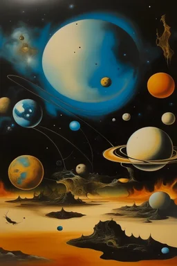 El universo y sus planetas al estilo de Salvador Dalí.