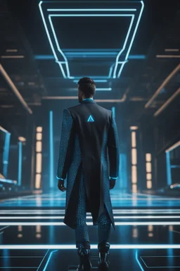 cyberpunk, neon blue, triangle of light floating behind the back, cyber suit, geometric patterns on a suit, male