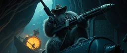 movie poster, portrait interview cowboy Abominable Yeti climbing outside space ship in cave holding huge mounted chain gun