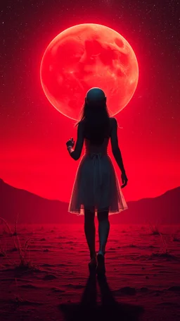 A beautiful girl walking with an alien both their hands on both shoulders from rear view , they are walking toward a an red moon in a distance ,in romantic themes in the background is a vivid red sky stars and milky way galaxy and the lighting creates a dramatic and otherworldly atmosphere