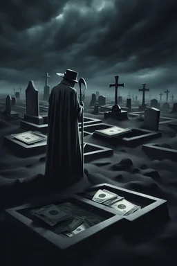 An image of a desolate graveyard under a brooding sky, a lone grave digger with a shovel, surrounded by abstract, futuristic elements. The open grave is filled with crisp, high-resolution stacks of money, conveying a sense of isolation and melancholy.