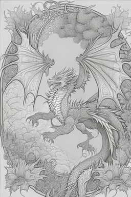 coloring book page of a flying dragon, mandalas