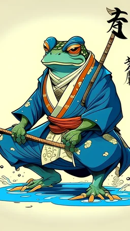 Consider the anime style of frogs from Naruto, specially Gamabunta. I need this frog to wear a bluebelt jiujitsu style. For one of the suggestions, consider the style of Ukiyo-e. These arts need to be an anime like style and not very realistically shiny skin tone. Incorporating elements of traditional Japanese culture and weaponry.
