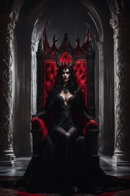 Realistic Photography Horror Art of The majestic Dark Beautiful Devil Queen,red eyes bright,dressing black gown sits on his throne, in darkness palace background