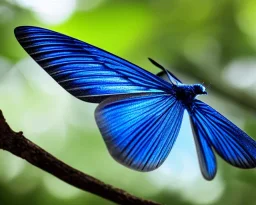 a detailed illustration of a dark blue phoenix sitting on a tree branch, luminescent body, glinting spread wings, realistic, soft and smooth glowing wings, soft feathers, macro lens, sharp focus, meticulously detailed, soft studio lighting, smooth blurred gradient evening sky background, 64k