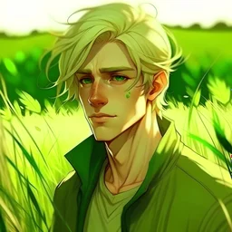 skinny gentle male, soft facial features, blonde hair, green clothing decorative wheats, on a field, drawn