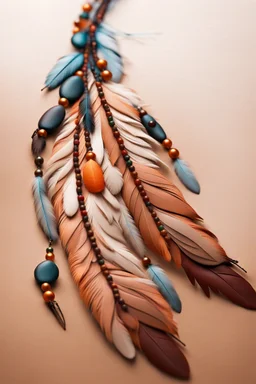 feathers and beads on leather string moving in the wind, warm colors, sharper details, fantasy