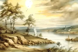 watercolor ,landscape, detailed, colorize, white background, in the style of Asher Durand