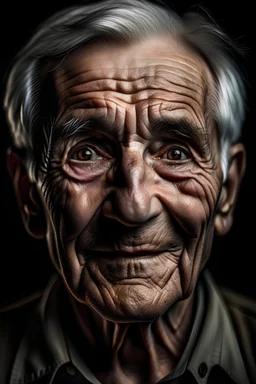 Create a portrait of a very elderly handsome man with a wrinkled face. He has a very intelligent look with kind and cheerful brown eyes. He's looking straight at the camera. The face fits completely into the frame. It's not cropped anywhere. Beautiful gray hair. His face is decorated with deep wrinkles that speak of wisdom and experience. His eyebrows are slightly raised, expressing restrained curiosity, understanding of life. The high forehead gives him a mental grace, and the deep, sharp facia