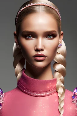 Sasha Luss's close-up portrait, official,elegant style,bright pink costume,blonde French braid hairstyle, Photorealistic dramatic hyperrealistic criyng clown paint ,Crystal black eyes, elegant, by WLOP,Artgerm,Greg Rutkowski, Beautiful dynamic,shadows,Artstation,concept design art, Octane render,8K