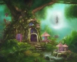 mystical house on a hot tropical island, fantasy art, surreal art, beautiful little fairies sitting on the trees,