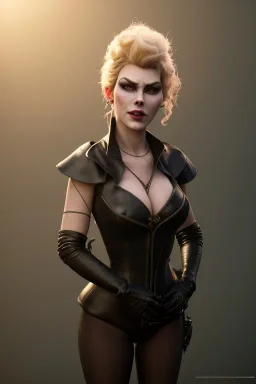 Hannah Waddingham as evil queen in black leather, busty, cleavage, voluptous, rebecca Welton, angry, stern look. character design by cory loftis, fenghua zhong, ryohei hase, ismail inceoglu and ruan jia. unreal engine 5, artistic lighting, highly detailed, photorealistic, fantasy