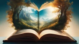 Hyperreal digital art style, "Fairytale", fantasy world coming out of centered book, open book, hyperdetailed double exposure fantasy illustration, masterpiece, cinematic, by Andreas Lie, Luke Gram, photorealism, backlit, gorgeous light