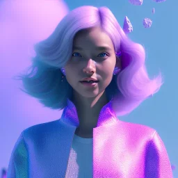 A portrait of a crystalised girl,smiling, longs hairs, atmospheric, realistic, cinematic lighting, octane render, pink blue light, 8k, , galactic atmosphere, flowers