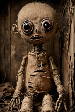 creepy burlap doll with stitches eyes and mouth, the body old and dirty holey burlap, burlap has a big head, one eye is hanging by a thread and there are stitches on the body and head. very thin with two arms and two legs, sitting in the corner of his dirty room in a dilapidated house, dimly lit, detailed, thriller, creepy stunning