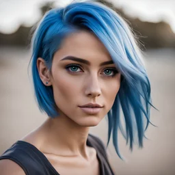 Blue hair, brown eye, woman, attractive, athletic build