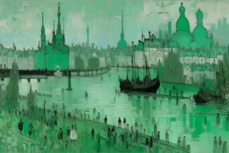 A mint colored noisy metropolis painted by Claude Monet