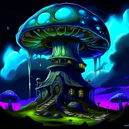 A fantabulous black, blue and green (((mushroom tower house))) erected atop a (geologic pillar), surrounded by the uncanny imaginative ((( swirling skies))), offset by the stark hues of a (neon-tinged nebulous space scape), within. captured by the hand a skilled master painter with a focus on (softly blurred compositions and voluminous lighting).