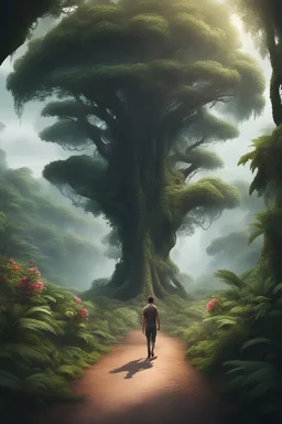 two humans are walking in the jungle.large tree.short road.beautiful flower