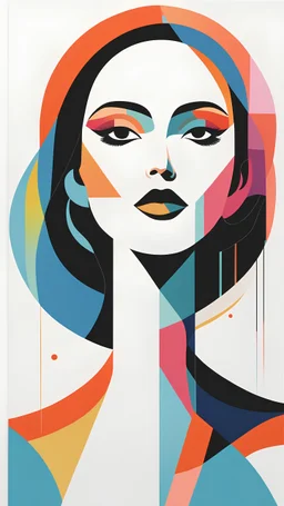 A captivating abstract artwork featuring a beautiful woman, rendered in a minimalistic style using soft geometric shapes. The woman's portrait is composed of simple forms in vibrant colors, creating an eye-catching visual effect against the pristine white background. The illustration style evokes the essence of risograph printing, with clean lines, bold colors, and deep blacks. The artwork exudes a modern vibe, reminiscent of a contemporary poster or a distinctive painting, making it a striking